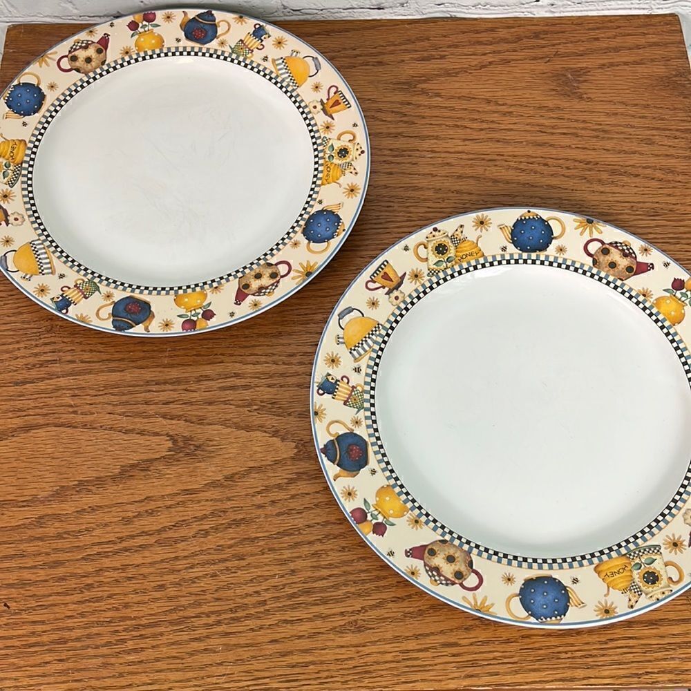 2 Sakura Dinner Plates Teapots Pattern 11” Debbie Mumm 1998